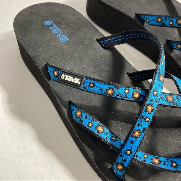 Teva Strappy Flip Flop Thong Sandals Blue Floral - Picture 3 of 10
